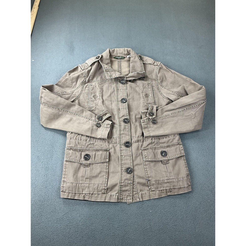 Eddie Bauer Jacket Womens L Beige Cotton Twill Military Jacket Pockets Button